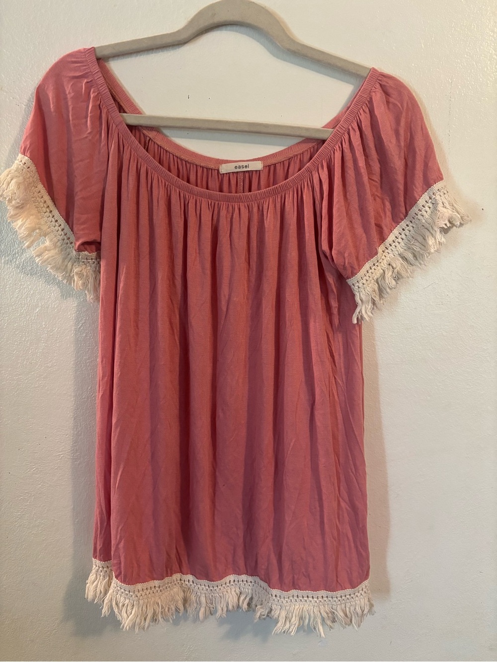 easel Pink Off-Shoulder Fringe-Trim Tunic